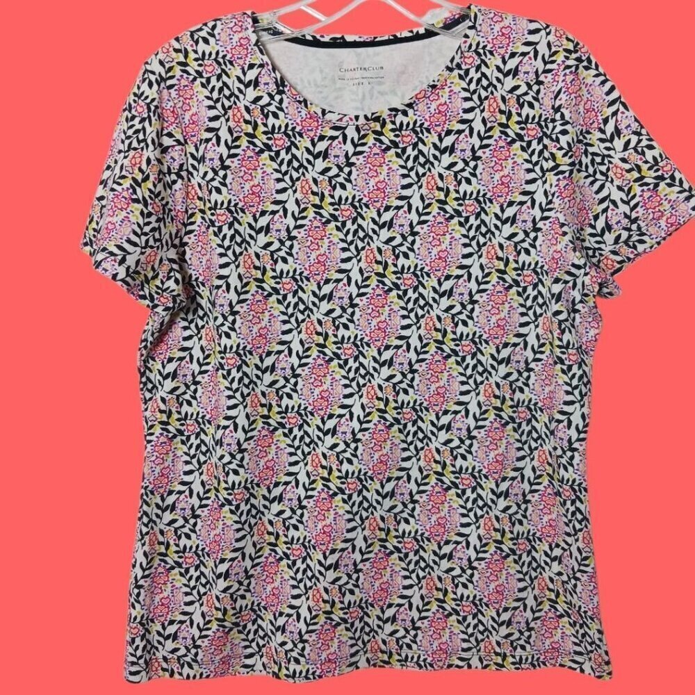 Charter Club Womens Floral Print Short Sleeve T-Shirt Multicolor Large